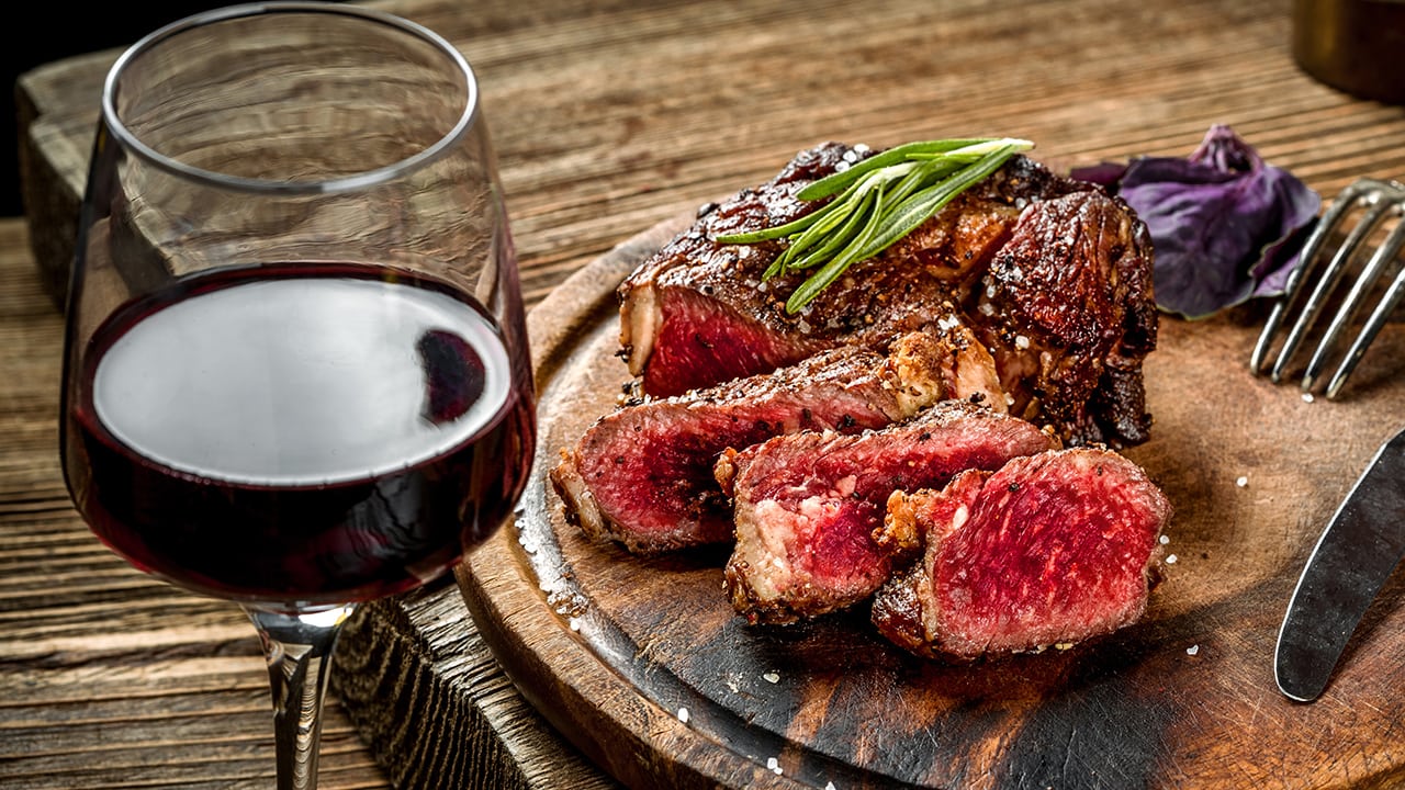 steak dinner with wine