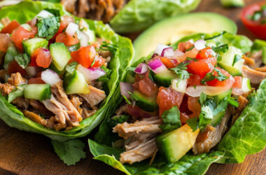 Pork Carnitas Lettuce Wraps with Salsa Fresca on a chopping board