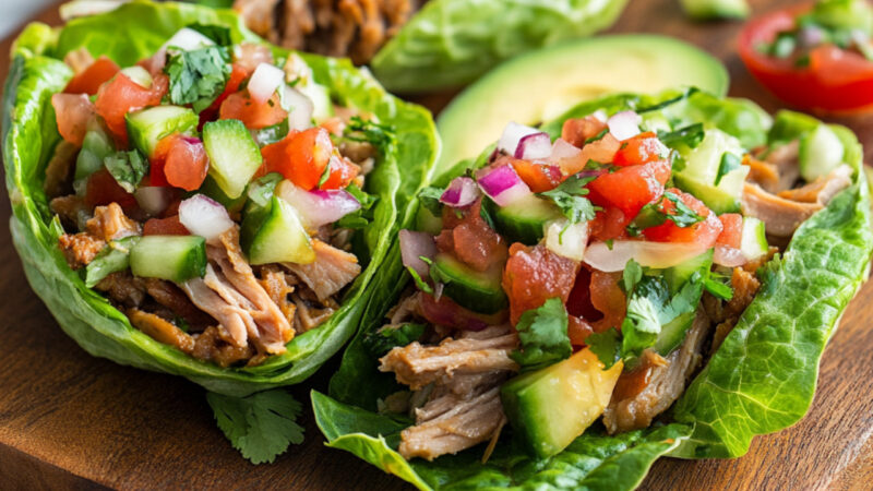 Pork Carnitas Lettuce Wraps with Salsa Fresca on a chopping board