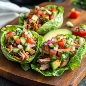 Pork Carnitas Lettuce Wraps with Salsa Fresca on a chopping board