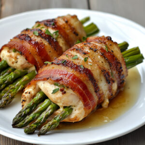 Bacon Wrapped Asparagus Stuffed Chicken Breast on a plate