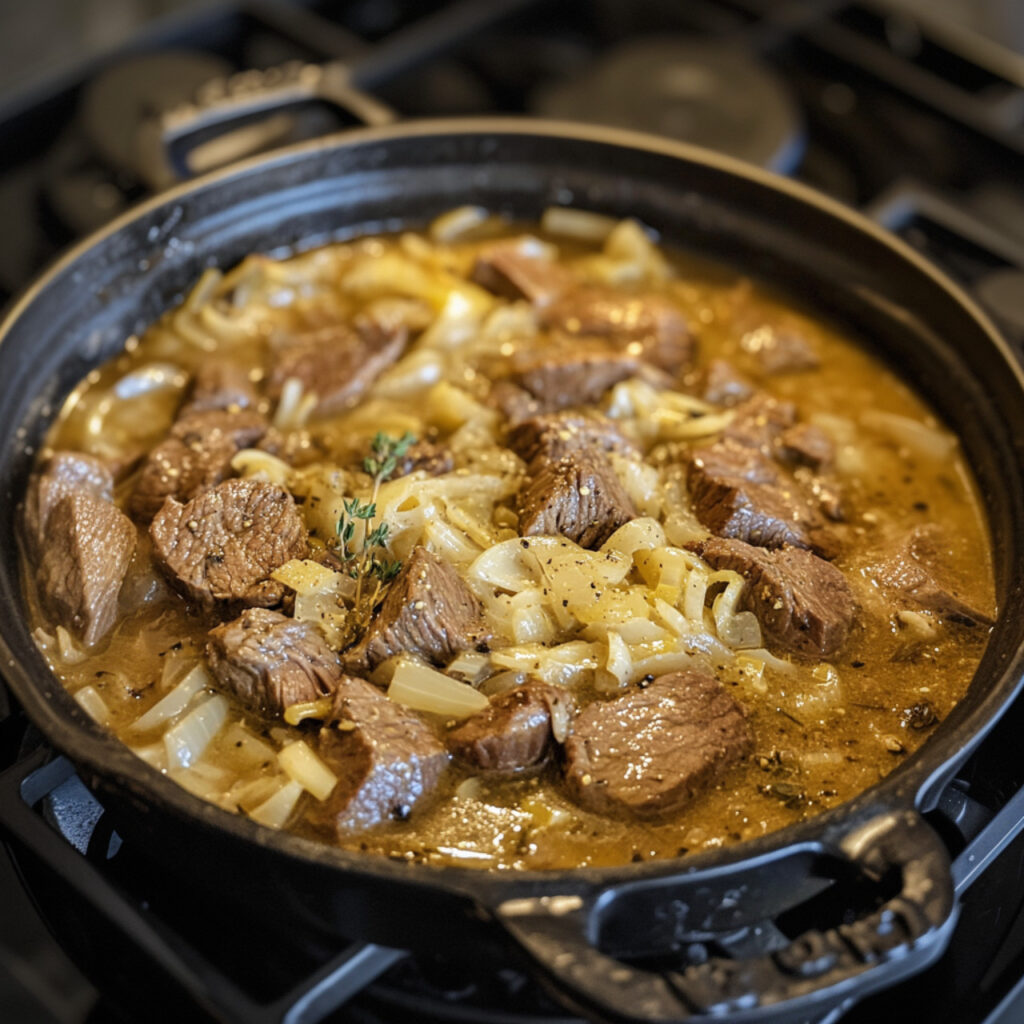 Beefy Blonde Stew in a pan