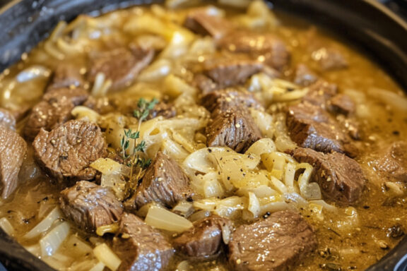 Beefy Blonde Stew in a pan