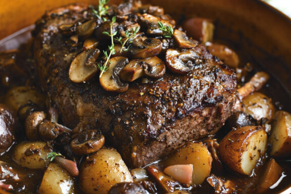 Braised Chuck Roast with Red Wine and Mushrooms in a bowl