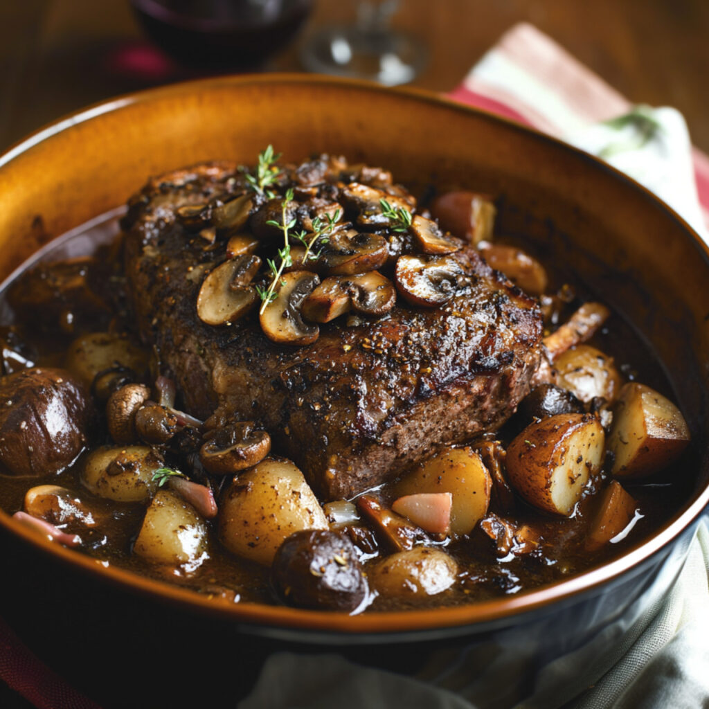 Braised Chuck Roast with Red Wine and Mushrooms in a bowl
