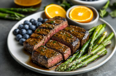 Cajun Rubbed Ranch Steaks with Blueberry and Asparagus Salad on a plate