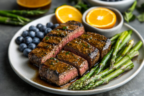 Cajun Rubbed Ranch Steaks with Blueberry and Asparagus Salad on a plate