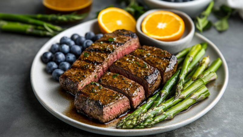 Cajun Rubbed Ranch Steaks with Blueberry and Asparagus Salad on a plate