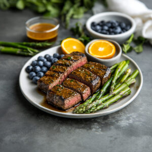 Cajun Rubbed Ranch Steaks with Blueberry and Asparagus Salad on a plate