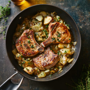 Cider Brined Pork Chops with Cabbage and Apples on a pan