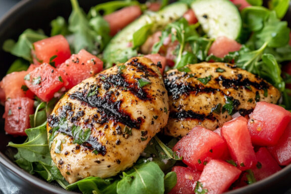 Grilled Marinated Chicken Breast with Summer Watermelon Salad in a bowl
