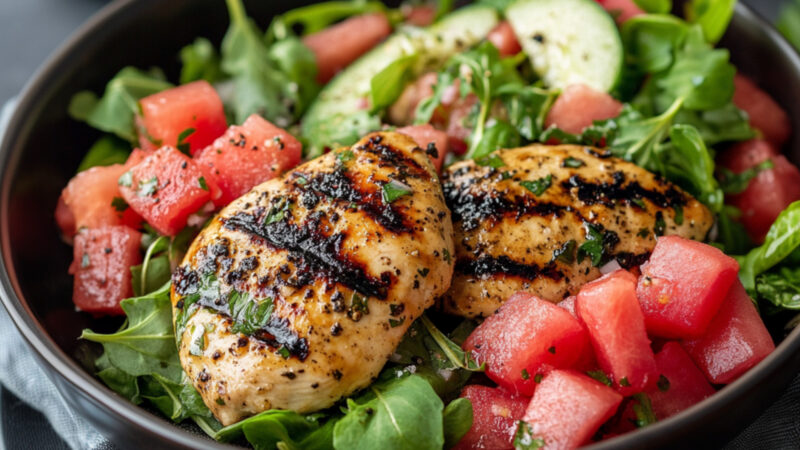Grilled Marinated Chicken Breast with Summer Watermelon Salad in a bowl