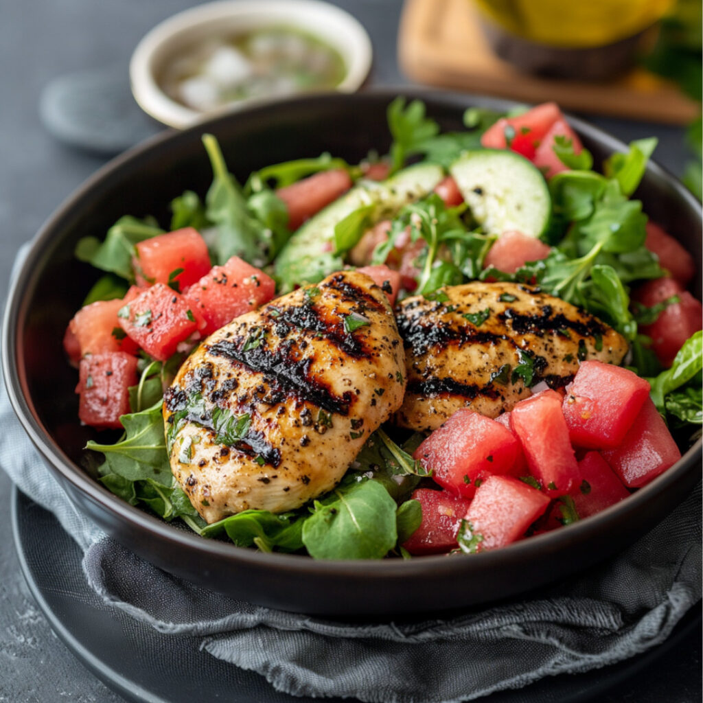 Grilled Marinated Chicken Breast with Summer Watermelon Salad in a bowl