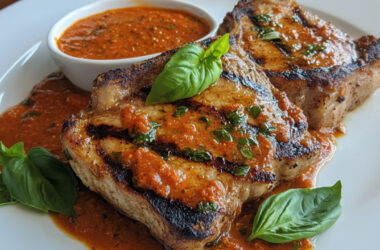 Grilled Pork Chops with Basil Romesco on a plate