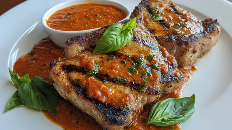 Grilled Pork Chops with Basil Romesco on a plate