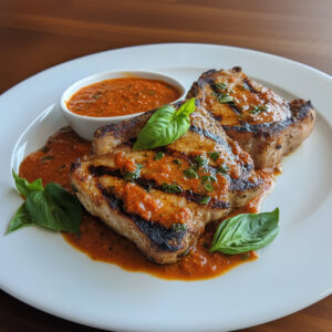 Grilled Pork Chops with Basil Romesco on a plate