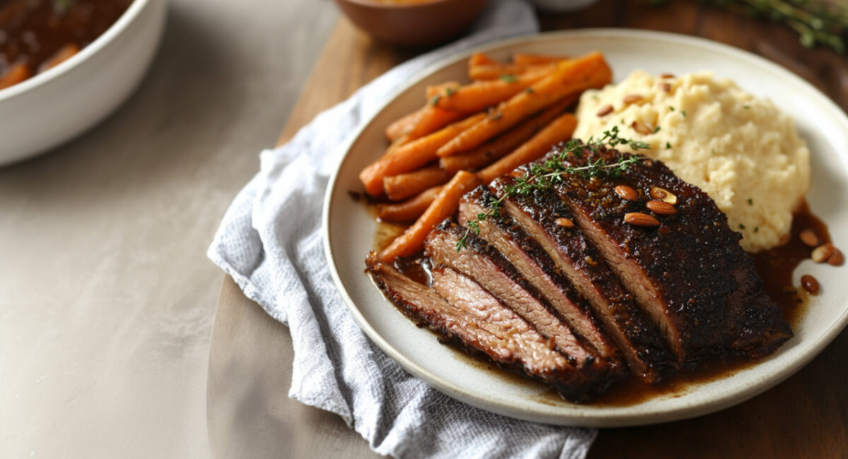 Madeira Brisket with Almond Parsnip Puree on a blate