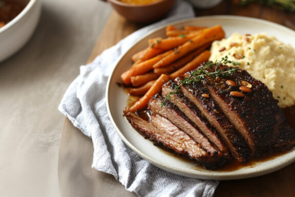 Madeira Brisket with Almond Parsnip Puree on a blate