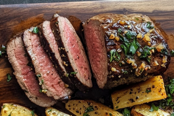 Orange Nutmeg Top Sirloin steak on a chopping board