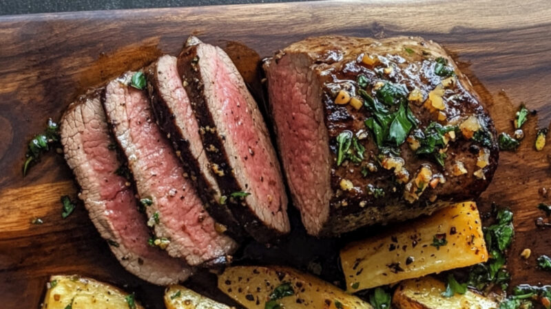 Orange Nutmeg Top Sirloin steak on a chopping board