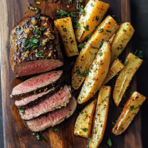 Orange Nutmeg Top Sirloin Cap with Honey and Herb Roasted Parsnips on a chopping board