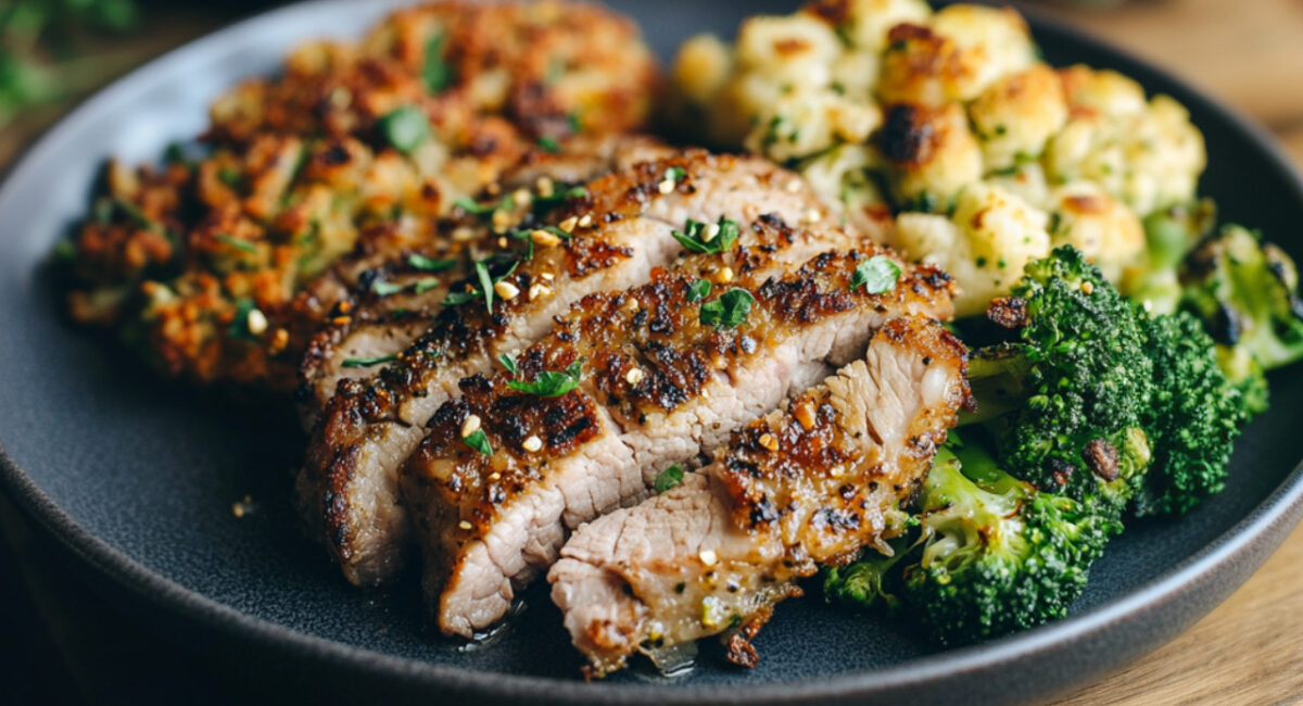 Salt & Pepper Roasted Pork Sirloin with Broccoli & Cauliflower Latkes on a plate