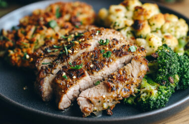 Salt & Pepper Roasted Pork Sirloin with Broccoli & Cauliflower Latkes on a plate