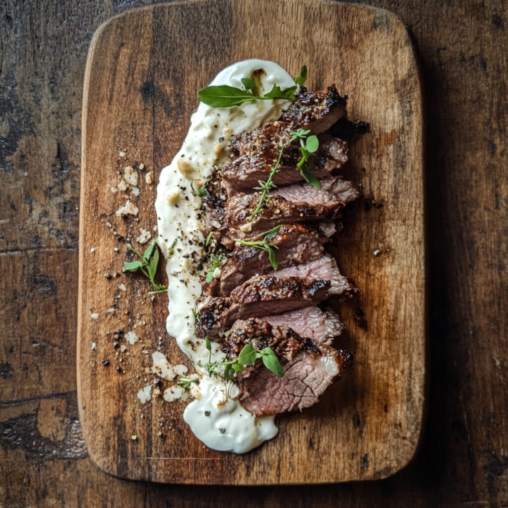 Roasted Beef with Fresh Horseradish Cream on a chopping board