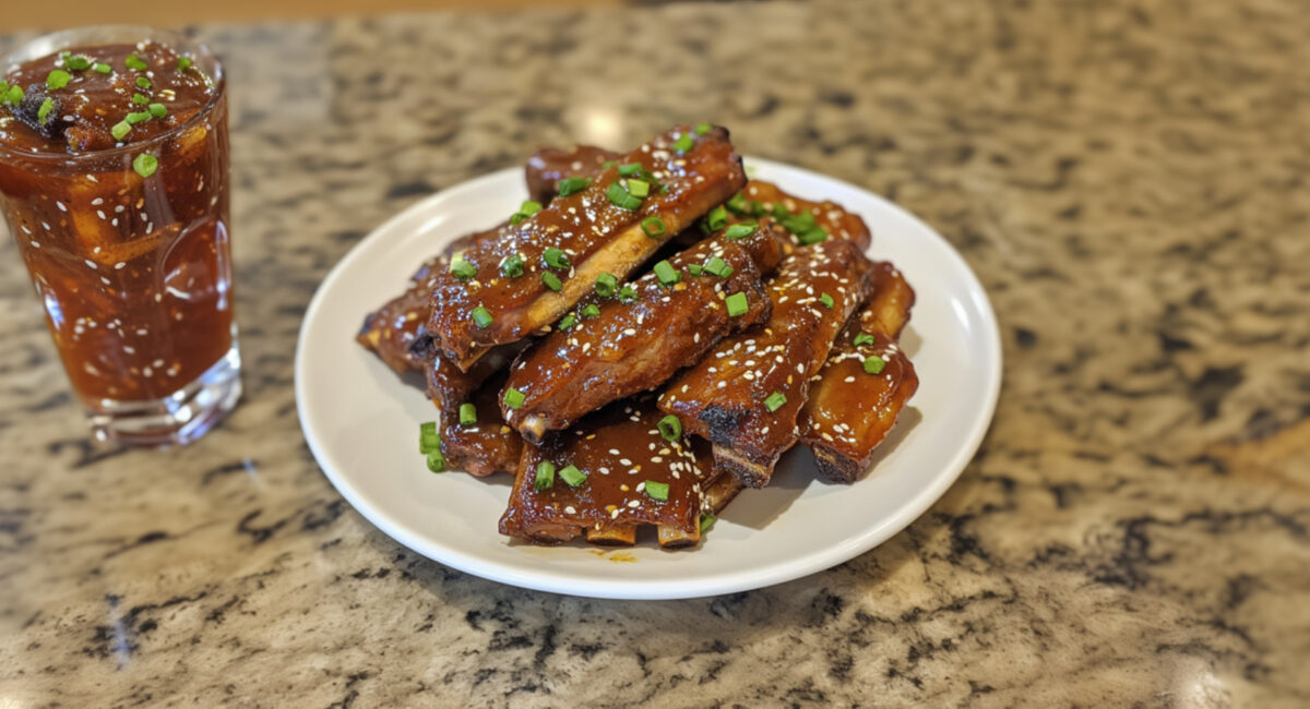 Sweet and Sour Slow Cooker Ribs on a plate with sauce on the side