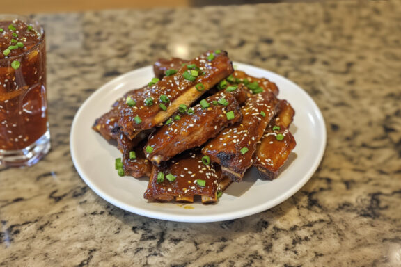 Sweet and Sour Slow Cooker Ribs on a plate with sauce on the side