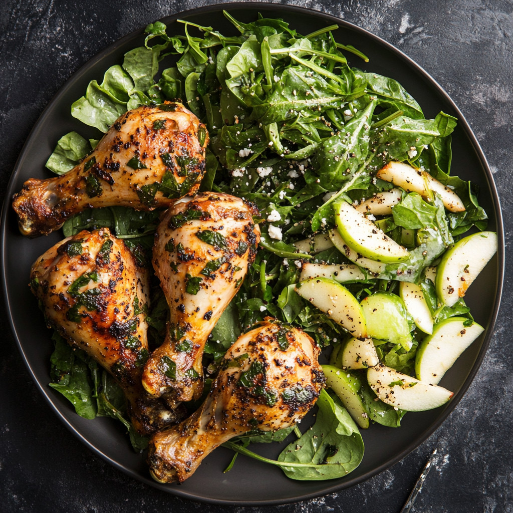 Chicken drumsticks with veggies and apples on a plate
