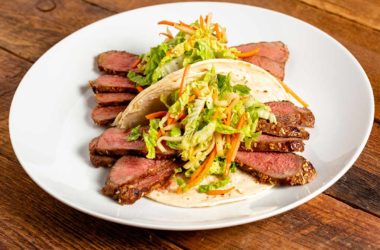 NY strip and cabbage slaw wrapped in a tortilla