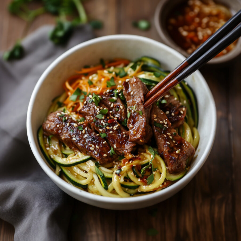Asian-Inspired Steak and Zucchini Noodle Bowl in a bowl