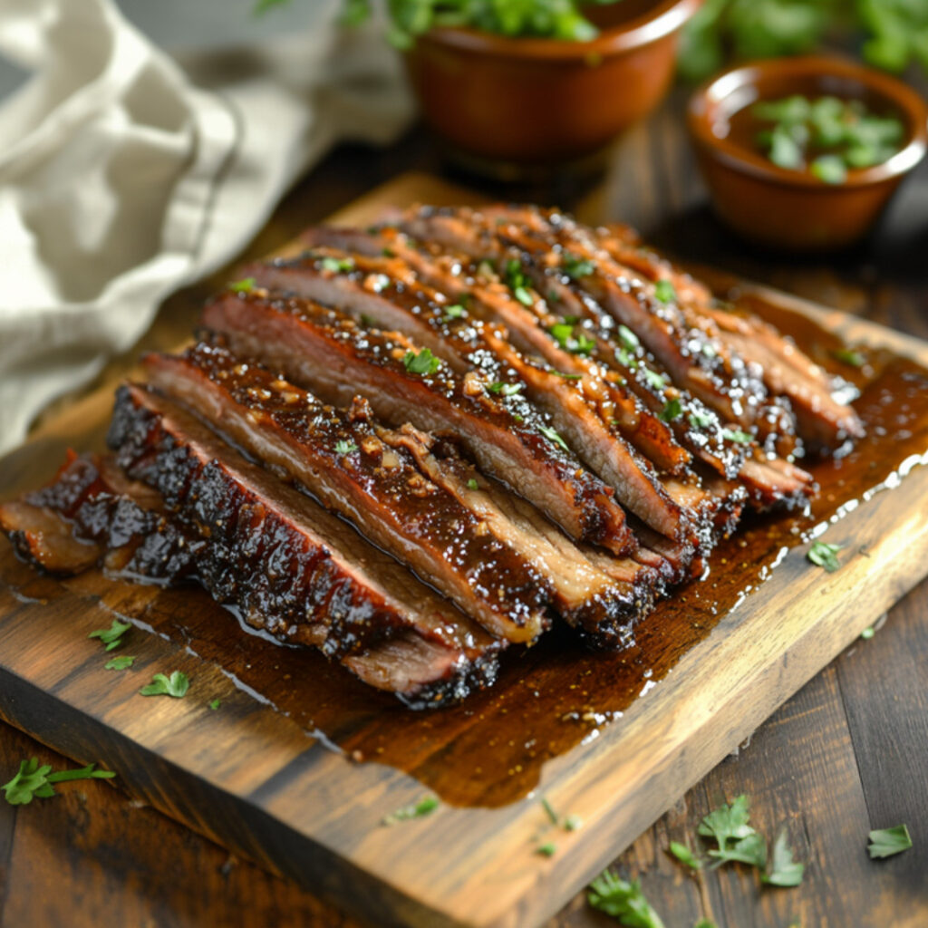 Slow-Cooker Molasses Smoked Brisket on a chopping board