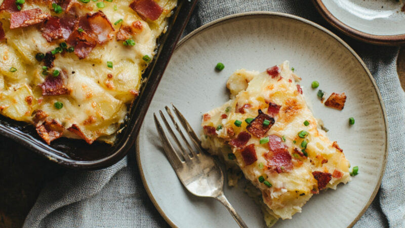 Bacon, Gruyère, and Potato Casserole on a plate and tray