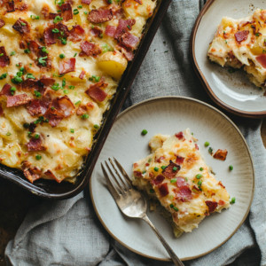 Bacon, Gruyère, and Potato Casserole on a plate and tray