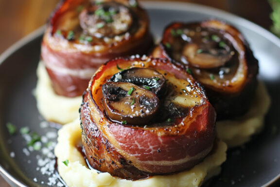 Bacon Wrapped Filet with Potatoes and Mushroom Red Wine Sauce on a plate