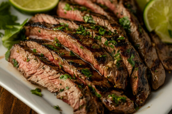Cilantro Lime Hickory Grilled Flank Steak on a plate