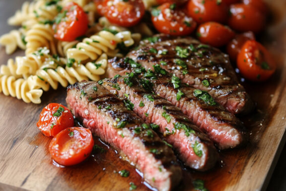 Flank Steak with Slow-Roasted Tomato Pasta Salad on a chopping board