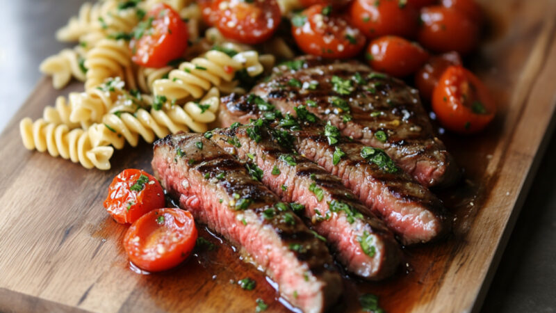 Flank Steak with Slow-Roasted Tomato Pasta Salad on a chopping board