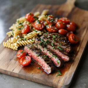 Flank Steak with Slow-Roasted Tomato Pasta Salad on a chopping board