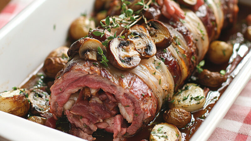 Mushroom and Bacon Braciole on a plate