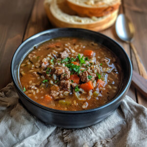 Hearty Beef and Wild Rice Soup in a bowl