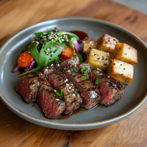 Miso Denver Steak with Carrots on a plate