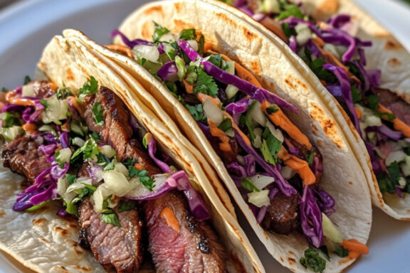 New York Strip Tacos with Cabbage Slaw on a plate