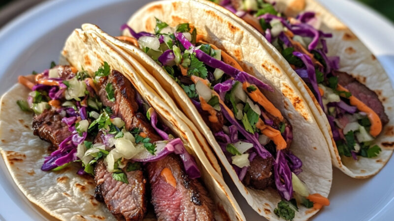 New York Strip Tacos with Cabbage Slaw on a plate