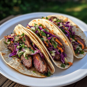 New York Strip Tacos with Cabbage Slaw on a plate