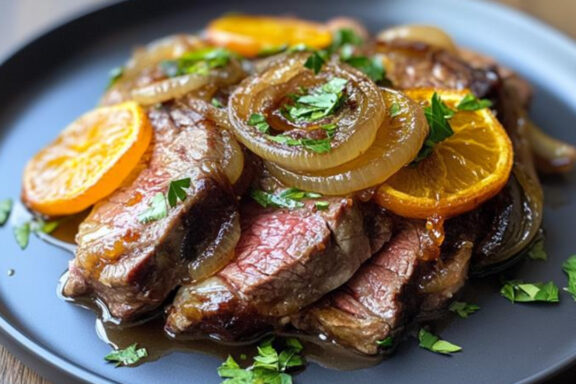 Ribeye Roast with Caramelized Onion Orange Butter on a plate