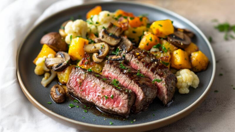 Seared Flat Iron Steak with Roasted Veggie Salad on a plate