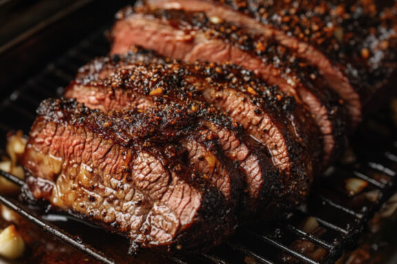 Slow Roasted Tri-Tip with Confit Garlic and Smoked Chili Rub in a grill